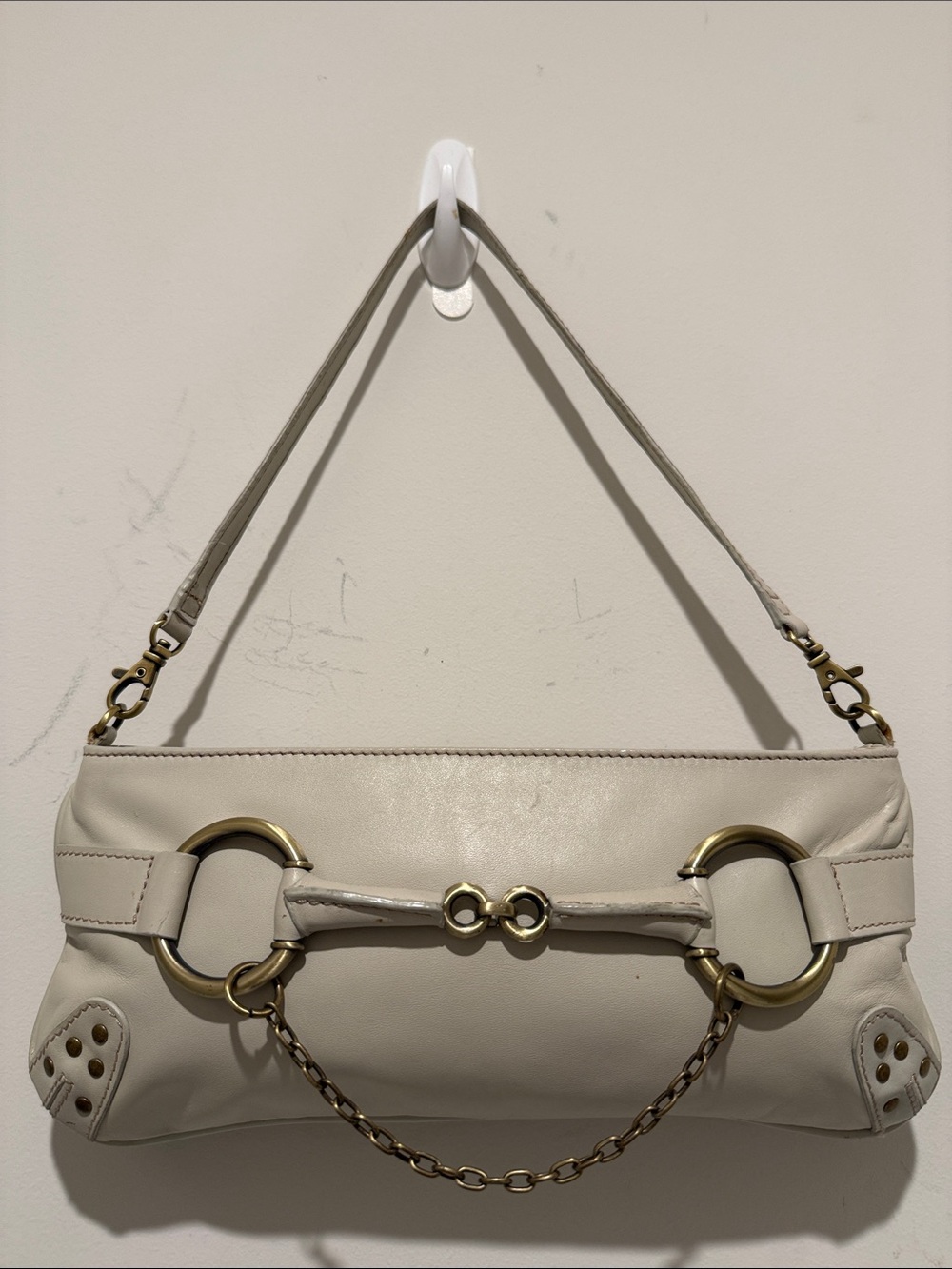 Paradox Cream Leather Shoulder Bag with Brass Bridle Hardware # Y2K